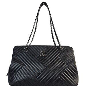 CHANEL CC Crossing Shopping Tote Shoulder Bag Chain Black Chevron 2016 Silver